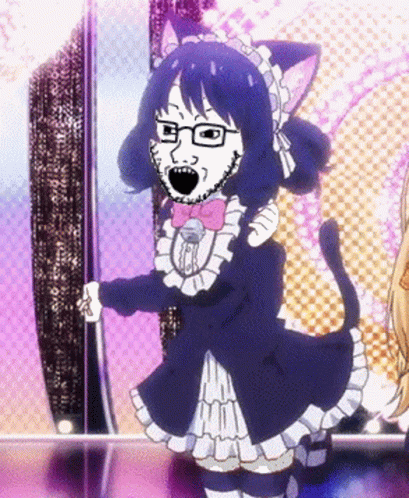 an anime character is wearing glasses and is standing in front of some curtains