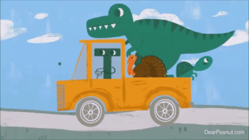 cartoon dinosaur riding on truck with alligator sitting in bed