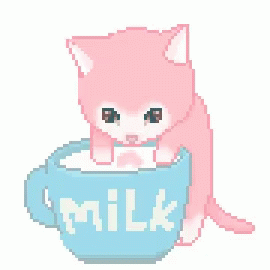 the pixel art of a kitty in a coffee cup with milk