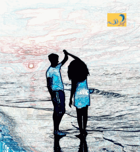 a drawing of two people standing on the shore