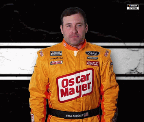 a man is wearing a racing suit with the word oscar mayer on it