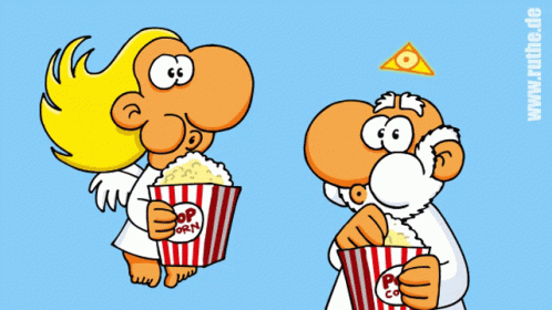 two cartoon characters are holding popcorn cups