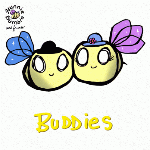 two birds in blue and pink with the word buddies