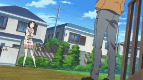 anime guy looking at the back of a girl with blue eyes