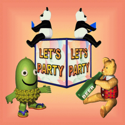 a cartoon style sign reads, let's let's party