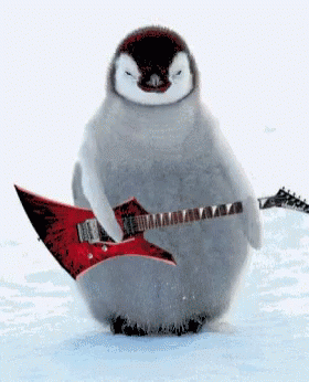 a penguin with a guitar in its lap, and wearing a blue instrument in it