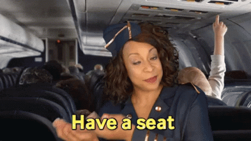 a woman standing in an airplane seat with a bird on her shoulder and a message that says have a seat