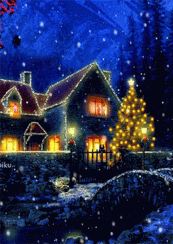 painting depicting a snow scene and illuminated house with trees and snow