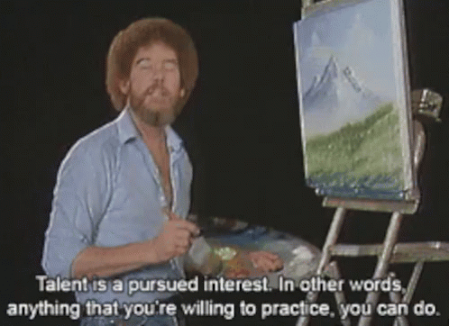 a man standing by an easel and painting with a text above it