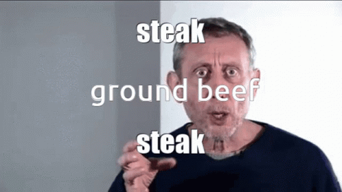 a man has his eyes wide open in front of a camera with the words steak ground beef steak on it