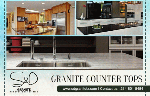 an advert featuring blue granite countertops and an above ground pool