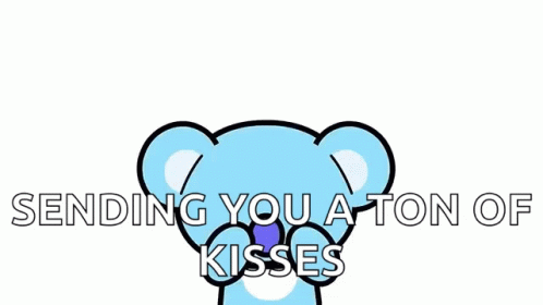 there is an animated teddy bear holding a bow with words that read sending you a ton of kisses
