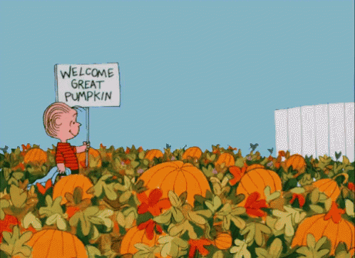 a cartoon picture of a blue pumpkin with a welcome great pumpkin sign
