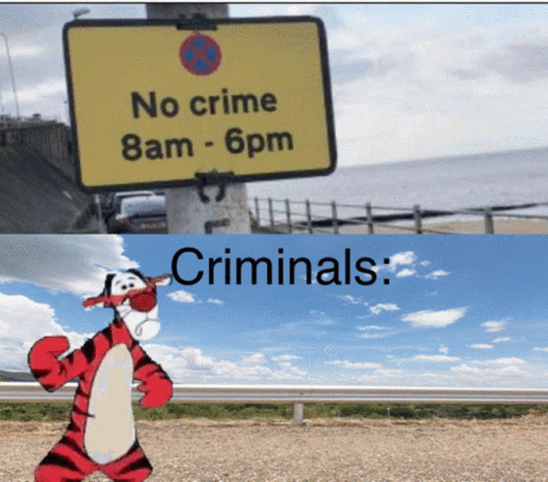 two pictures, one showing a cat and the other with a sign saying no crime