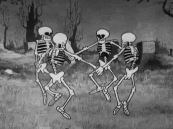 three skeletons playing in the field during the night