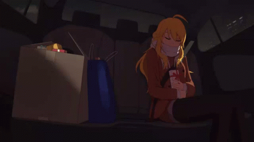 an animated girl sitting next to shopping bags in the dark