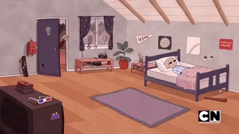 a painting of an empty bedroom with various items around