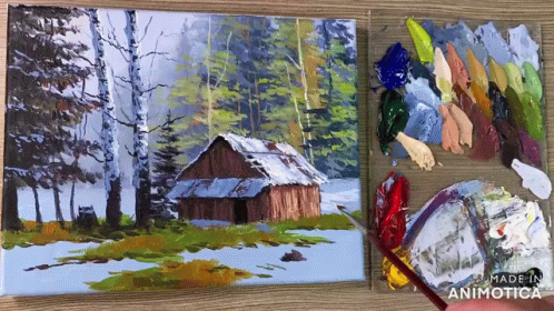 this is an art project with pictures of a cabin in the woods