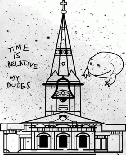a black and white illustration of an old church building with a bell tower, and words on the side