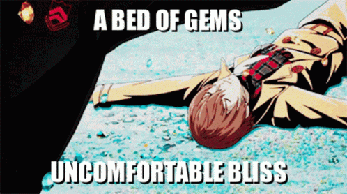 there is a person in the middle of the floor with the caption saying, a bed of gems, the uncomfortable formidable bliss