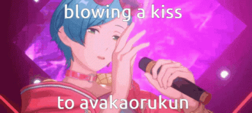 an anime avatar singing into a microphone with text reading, blowing a kiss to avakaoriun