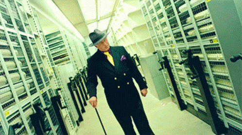 a man in a hat and coat is walking through the server