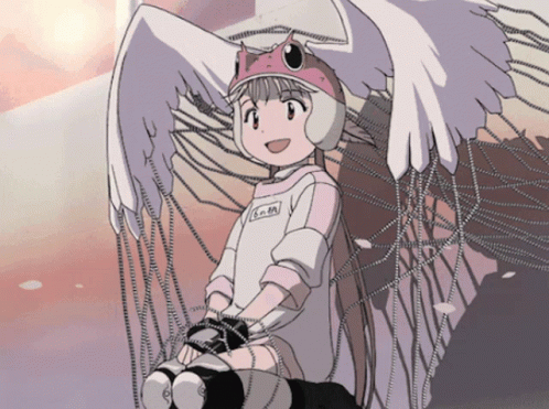 an anime girl with long wings holding a stuffed animal