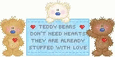 the two teddy bears have hearts on their chest