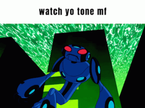 an animated illustration of a robot from the movie'tron,'with the caption'watch yo tone mi '