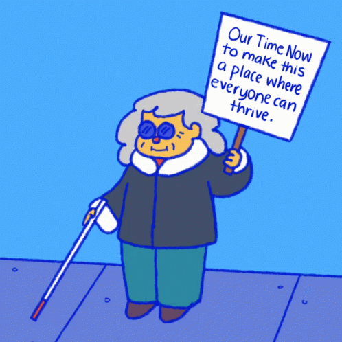 an old woman is holding up a sign