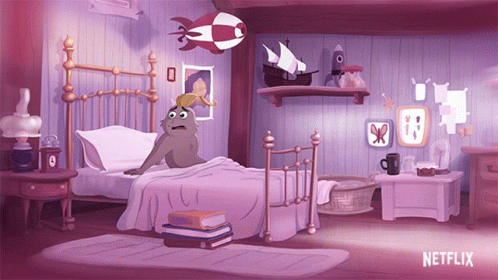 a cartoon bedroom with purple furniture and walls