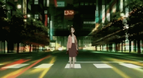 anime character with a light on stands in an empty city street