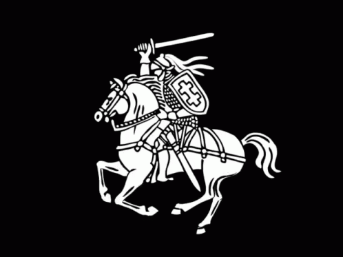 a black and white silhouette with a medieval knight on horseback