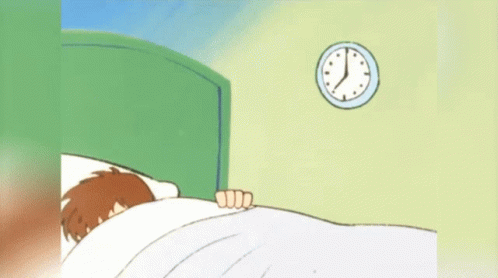 a cartoon of a cat laying in bed with a clock above