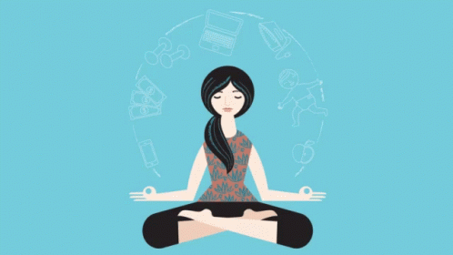 a woman sits in a lotus pose with a hand drawn background