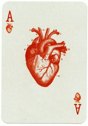 an playing card that has a heart and three of a kind of letters on the front of it