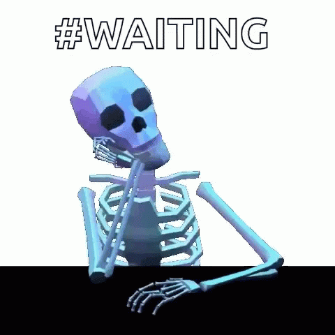 a skeleton with its arm extended sitting next to a sign reading waiting