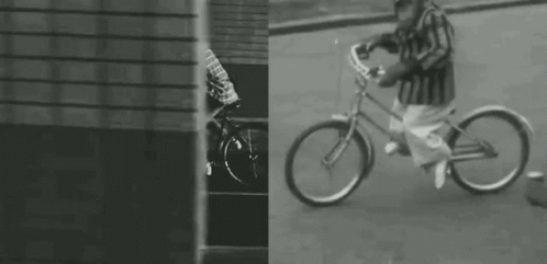 two pictures show two different men riding bikes