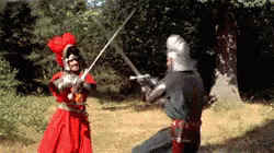 two people in costumes playing with a sword
