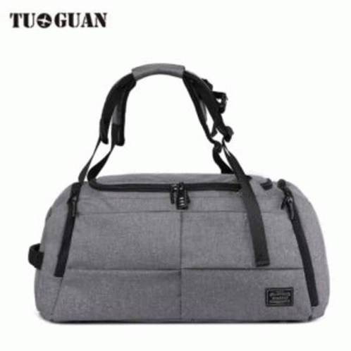 a large grey duffel bag with the handle open