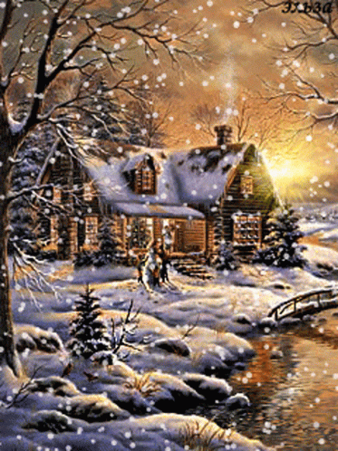 a painting of snow covered trees and a house