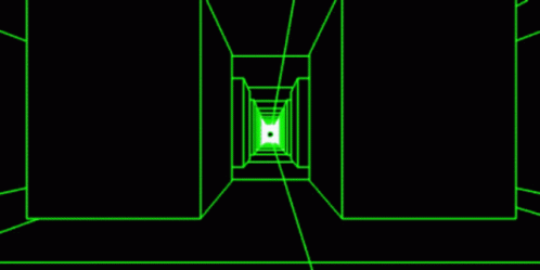 a small hallway with green lines going into it