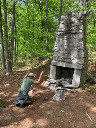 a man in the woods putting soing into a stone oven