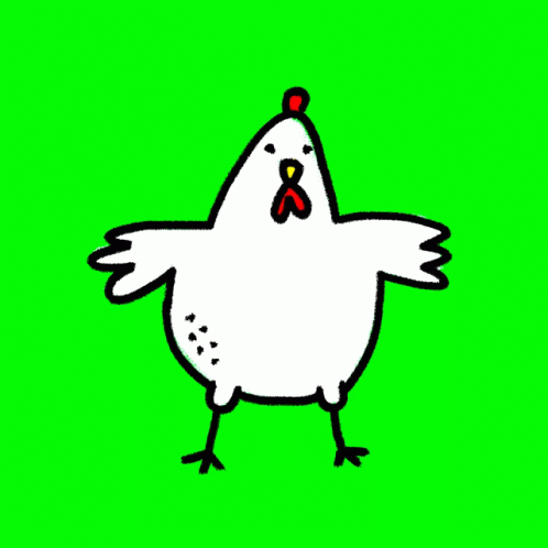 a white chicken is in front of a green background