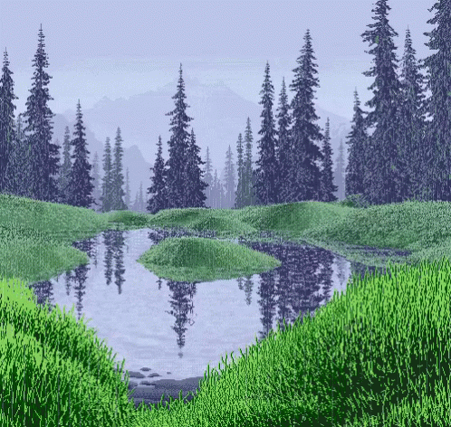 a drawing of a grassy pond surrounded by trees