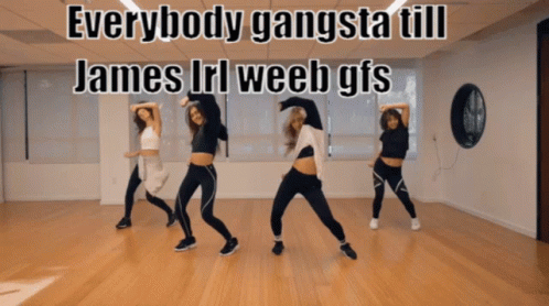 four young women dancing inside a building with the text everybody gangista till