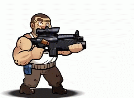 an animated man with a gun in hand and an orange vest on