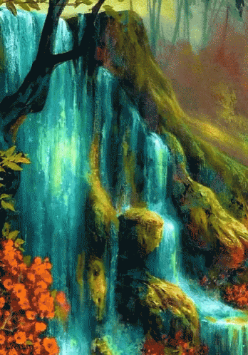 the painting shows a waterfall in a forest