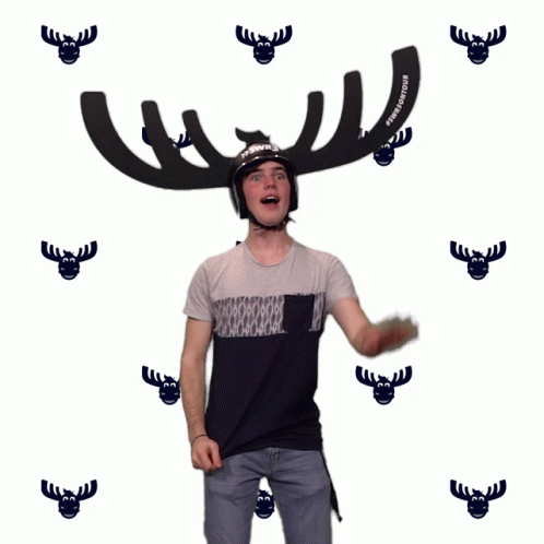 there is a man with a fake moose antlers head on