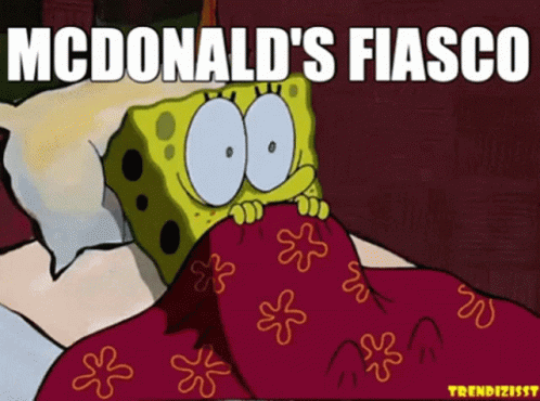 a cartoon picture of a man in bed with an expression of a pillow, reading mcdonald's fanco